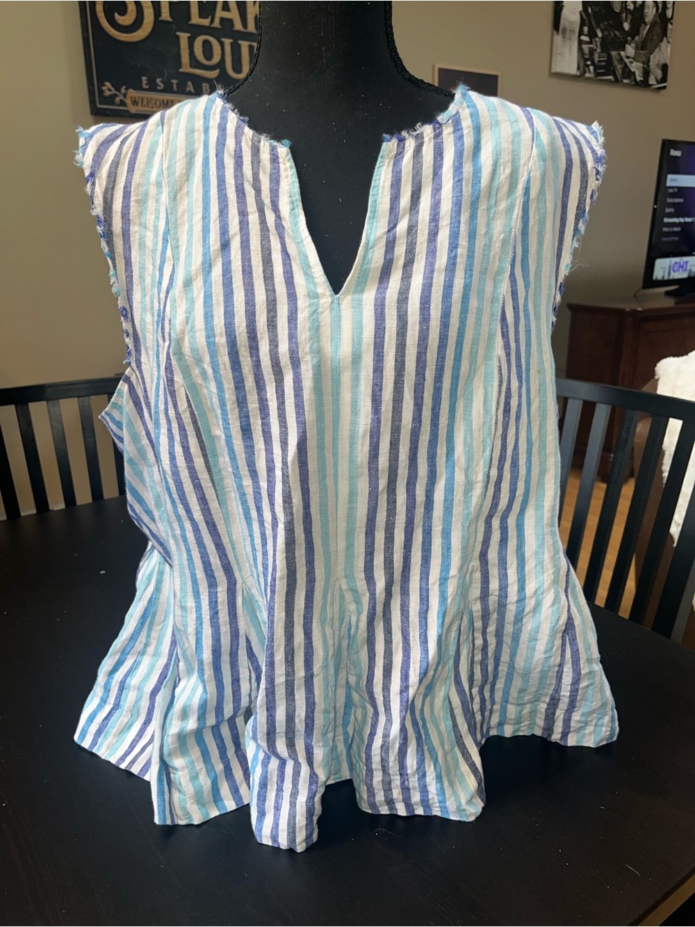 Pure Navy linen Striped Sleeveless V-Notch Blouse in Light Blue, Navy and White